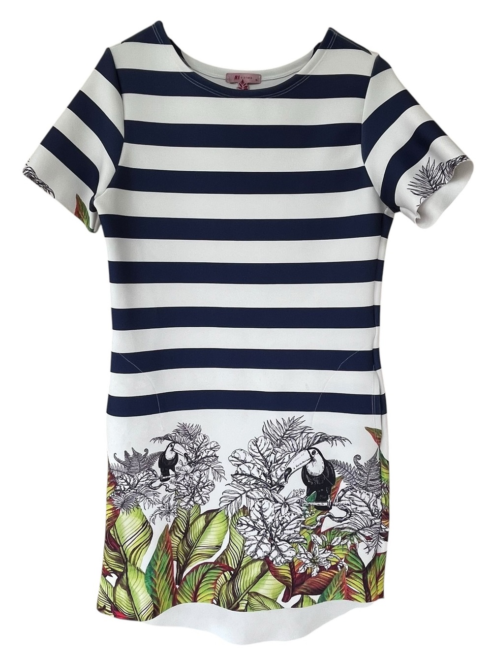 M’A Clothes Toucan Tropical Stripe Dress Medium High Low Navy White Scuba Knit